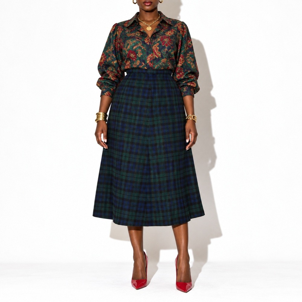 70s Vintage Pendleton Blackwatch Tartan Wool A Line Midi Skirt Womens 10 Lined
